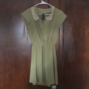 Olive green casual dress with cream lace collar
